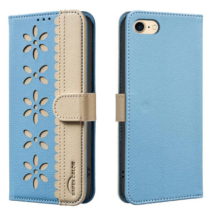 Leather Phone Case With Card Holder For Everyday Use - blue PU leather wallet case with floral cutouts, card slot and kickstand