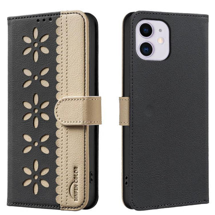 Leather Phone Case With Card And Cash Slots For Everyday Use - black PU leather wallet case with floral cutouts, three card slots and cash pocket