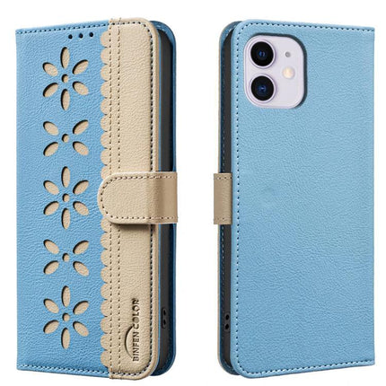 Leather Phone Case With Card And Cash Slots For Everyday Use slim blue PU leather wallet case with floral cutouts and card slots