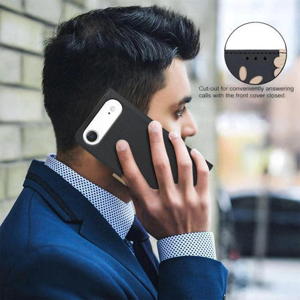 Leather Card Pocket Phone Case For Everyday Use With Card Slots On The Move Keeps Your Essentials Handy - black leather card pocket phone case shown on businessman taking a call