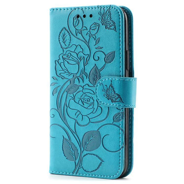 Leather Phone Case for Daily Protection - teal floral PU leather wallet case with two card slots, cash pocket and built-in kickstand
