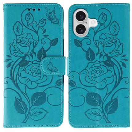 Leather Phone Case for Daily Protection in turquoise PU leather wallet style with rose and butterfly embossed design, two card slots and kickstand