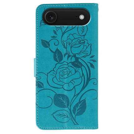 IPhone Case For Everyday Protection teal PU leather folio with floral rose print and built-in kickstand for hands-free viewing