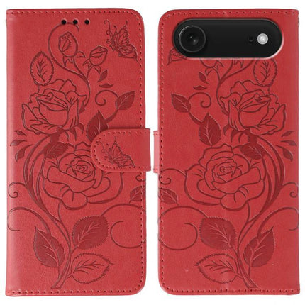 IPhone Case For Everyday Protection red PU leather wallet case with embossed rose design, soft TPU shell and built-in kickstand