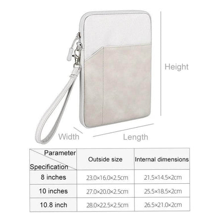 Portable Felt Sleeve Case for Protecting Up to 10.8-Inch Tablets slim two-tone felt sleeve with wrist strap and dimensions chart