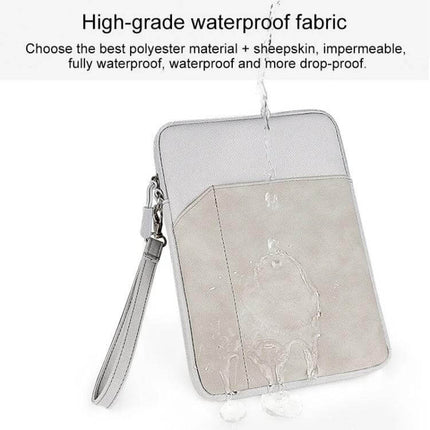 Portable Felt Sleeve Case for Protecting Up to 10.8-Inch Tablets shown with waterproof polyester felt, wrist strap and front pocket protecting tablet