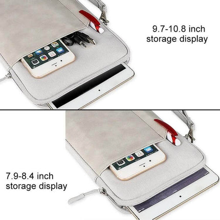 Portable Felt Sleeve Case for Protecting Up to 10.8-Inch Tablets showing tablet and phone stored in soft felt sleeve with zipper pocket