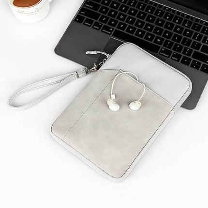 Portable Felt Sleeve Case for Protecting Up to 10.8-Inch Tablets - gray felt tablet sleeve with wrist strap, front pocket and earbuds, fits up to 10.8-inch devices
