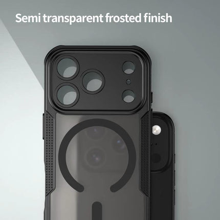 Armor Glaze Case for Everyday Phone Protection semi-transparent frosted black PC+TPU phone case showing camera cutouts and wireless charging ring