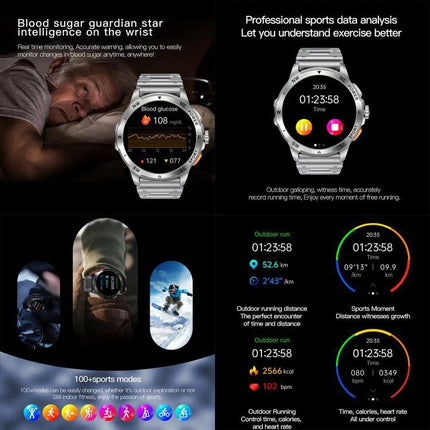Versatile Smart Watch for Everyday Health and Fitness Monitoring — stainless steel smartwatch showing heart rate, blood glucose, activity tracking and sports data