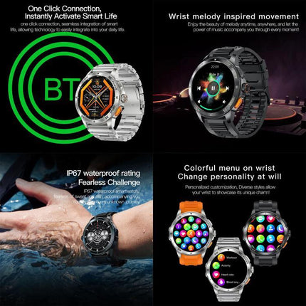 Versatile Smart Watch for Everyday Health and Fitness Monitoring - metal and black smartwatch showing heart rate, music, waterproof use, and colorful app menu