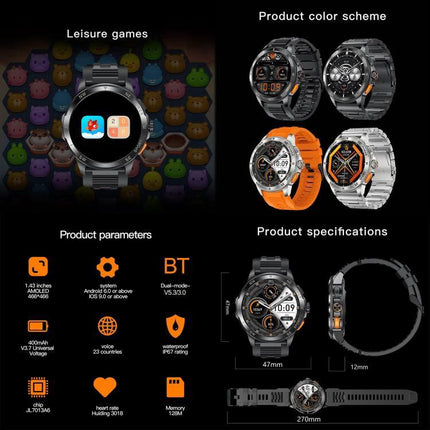 Versatile Smart Watch for Everyday Health and Fitness Monitoring - metal and orange color options with heart rate, activity tracking, 47mm