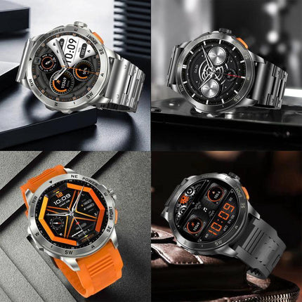 Versatile Smart Watch for Everyday Health and Fitness Monitoring - collage of four metal and orange-band smartwatch designs showing heart rate, steps, sleep and notifications