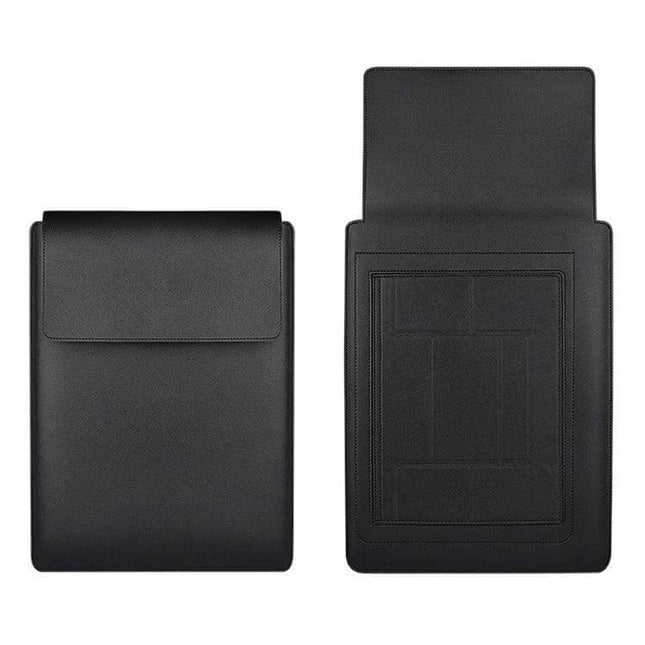 PU Leather Laptop Carrying Case for 13-15 Inch Sizes - black PU leather sleeve with flap, protective slim design for travel and everyday use