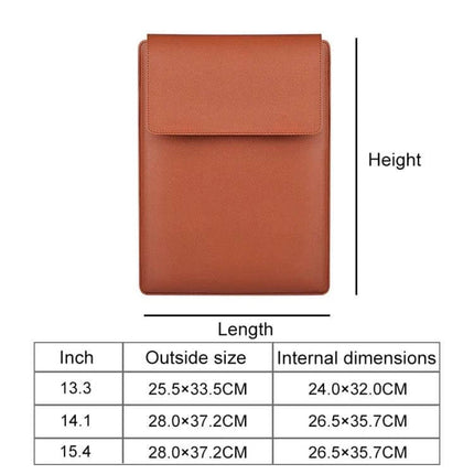 PU Leather Laptop Carrying Case for 13-15 Inch Sizes brown PU leather sleeve with flap and size chart showing outside and internal dimensions