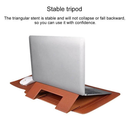PU Leather Laptop Carrying Case for 13-15 Inch Sizes with built-in stable tripod stand, brown PU leather, protects laptop and provides typing elevation