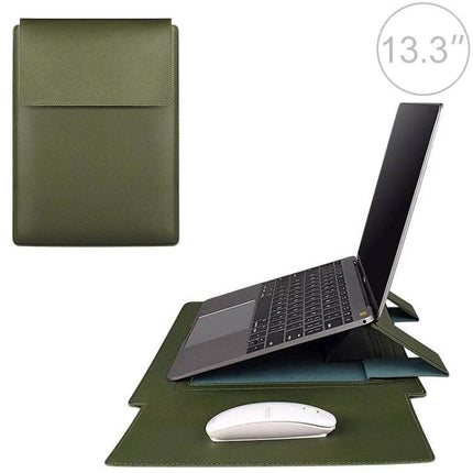 PU Leather Laptop Carrying Case for 13-15 Inch Sizes - olive green slim PU leather sleeve that folds into a typing stand and mouse pad