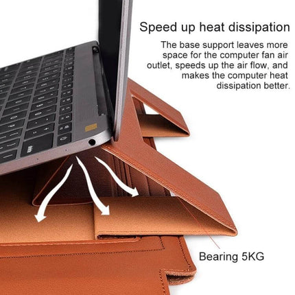 Leather Laptop Sleeve with Storage for 13 to 15 Inch Models shown propped as a leather-textured PU stand to improve ventilation and protect laptop