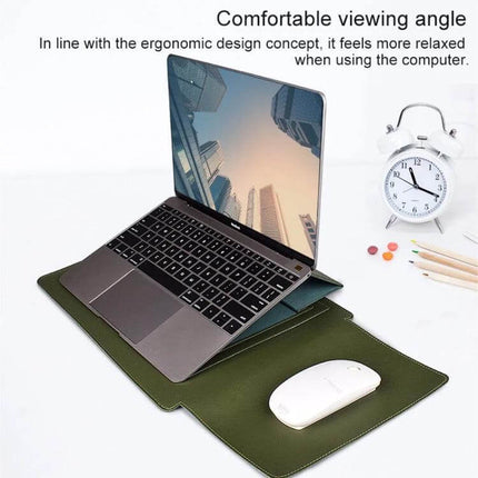 Leather Laptop Sleeve with Storage for 13 to 15 Inch Models in green PU leather acting as protective cover and stand for ergonomic viewing