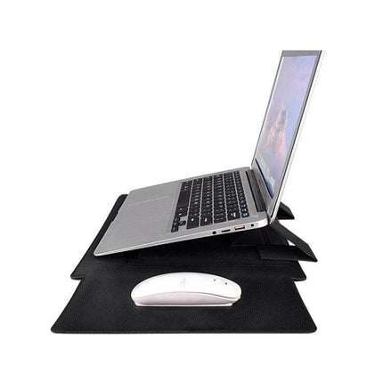 Leather Laptop Sleeve with Storage for 13 to 15 Inch Models shown as a black PU sleeve used as protective cover and adjustable stand for laptop