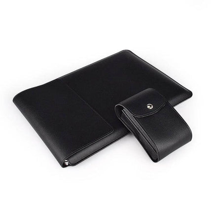 Leather Laptop Sleeve with Storage for 13 to 15 Inch Models in black PU leather, protective sleeve with storage pocket and roll-up stand for mobile users