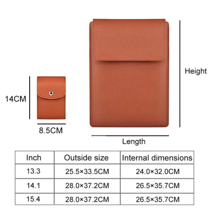 Leather Laptop Sleeve with Storage for 13 to 15 Inch Models in brown PU leather with measurements and internal dimensions chart