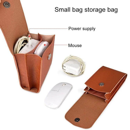Leather Laptop Sleeve with Storage for 13 to 15 Inch Models showcasing brown PU small storage pouch holding mouse and charger, flap open, travel accessory