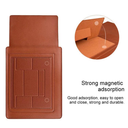 Leather Laptop Sleeve with Storage for 13 to 15 Inch Models in brown PU leather with storage pockets and magnetic stand feature