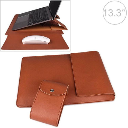 Leather Laptop Sleeve with Storage for 13 to 15 Inch Models - brown PU leather sleeve with built-in stand and small accessory pouch for 13.3-inch laptops