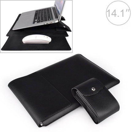 Leather Laptop Sleeve with Storage for 13 to 15 Inch Models in black PU leather, foldable stand and storage pouch for laptop and mouse