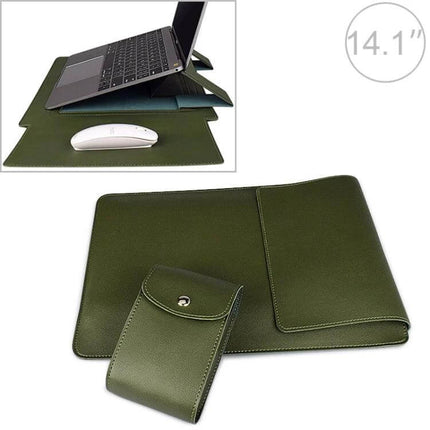 Leather Laptop Sleeve with Storage for 13 to 15 Inch Models - green PU leather sleeve with stand function and storage pouch for 13–15" laptops