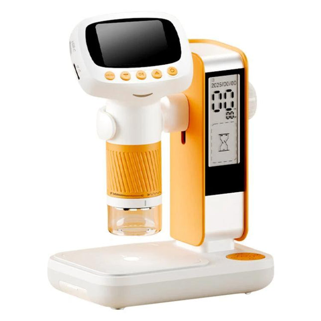 HD Digital Microscope with Screen for Skin and Fruit Observation showing handheld microscope with 2.0-inch IPS screen capturing close-up of fruits and skin