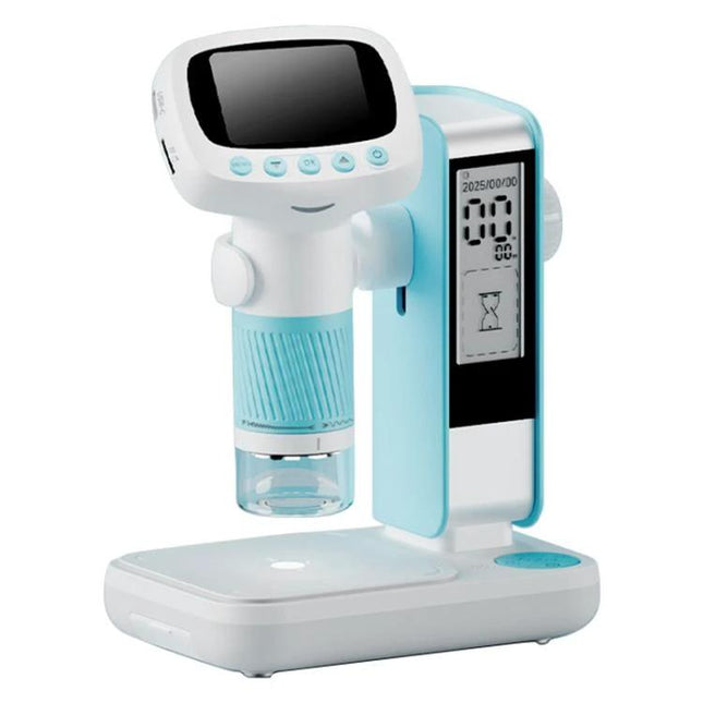 HD Digital Microscope with Screen for Skin and Fruit Observation showing handheld white and blue device with 2.0-inch IPS screen and sample stage