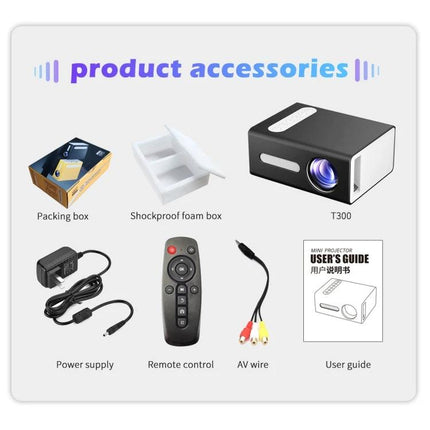 Portable Projector for Home Movies, Gaming, and Multimedia showing projector, remote, power supply, AV cable, packing box and user guide