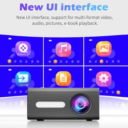 Portable Projector for Home Movies, Gaming, and Multimedia showing new UI interface icons and projector unit