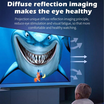 Portable Projector for Home Movies, Gaming, and Multimedia projecting diffuse-reflection image of shark on wall for comfortable eye-friendly viewing