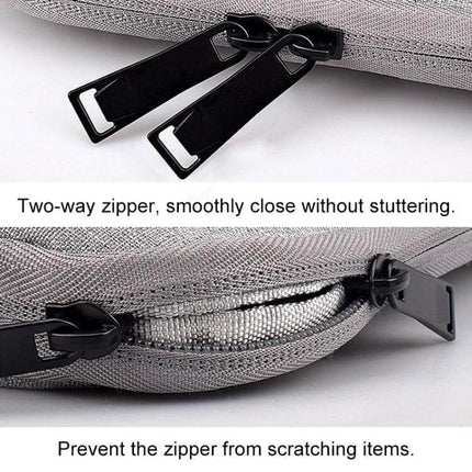 Waterproof Felt Protective Carrying Case for 15.6 Inch Laptops showing two-way zipper close-up, water-resistant felt, protects laptop from rain and scratches