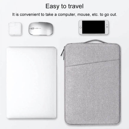 Waterproof Felt Protective Carrying Case for 15.6 Inch Laptops in gray with handle, showing laptop, mouse, charger and phone for travel protection