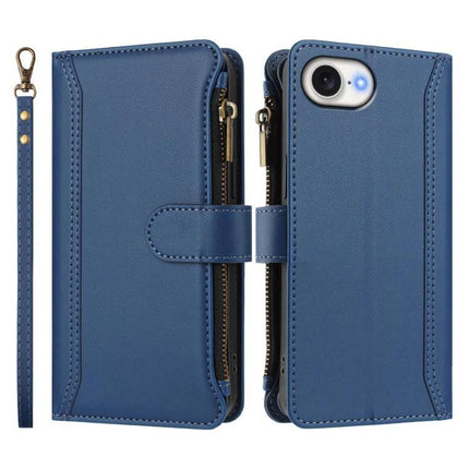 Leather Phone Case With Card Wallet For Daily Organization in blue PU with nine card slots, zipper pocket and wrist strap