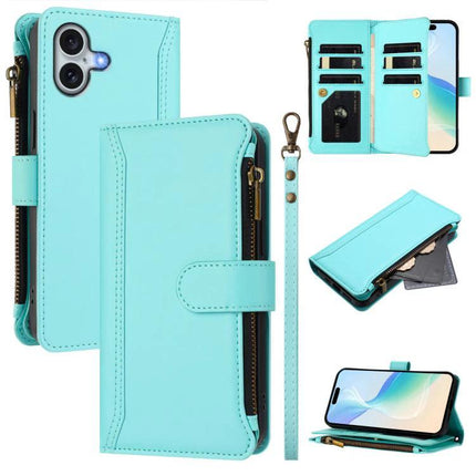 Leather Wallet Case With Strap For Daily Phone Organization in aqua with zipper pocket, card slots, detachable strap and phone stand