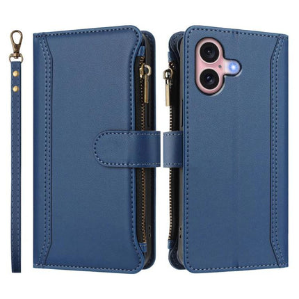 Leather Card Organizer Case With Wrist Strap For Everyday Outings in blue PU with zipper, nine card slots, cash pocket and detachable wrist strap