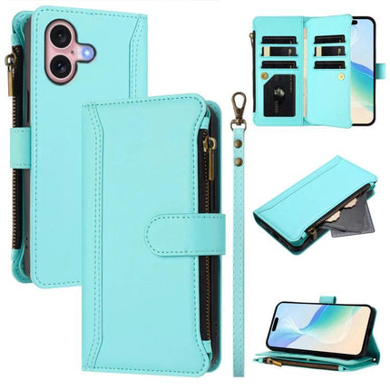 Leather Card Organizer Case With Wrist Strap For Everyday Outings in turquoise PU showing zipper, detachable strap, nine card slots and phone stand