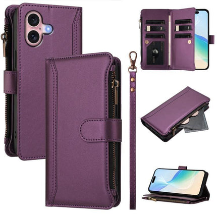 Leather Card Organizer Case With Wrist Strap For Everyday Outings in purple showing zipper, detachable wrist strap, nine card slots and phone stand
