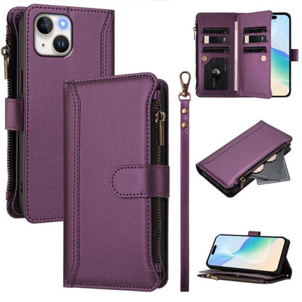 Leather Card and Phone Organizer Case for Everyday Commutes and Errands With Easy Access - purple PU wallet case with 9 card slots, cash pocket, wrist strap