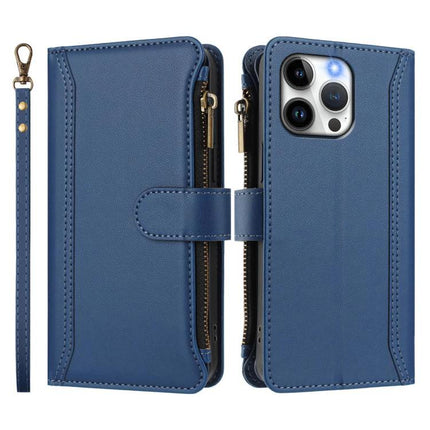 Leather iPhone Case With Card Slots For Daily Essentials On The Go A Practical Everyday Carry Accessory - blue zip wallet, nine card slots, detachable wrist strap