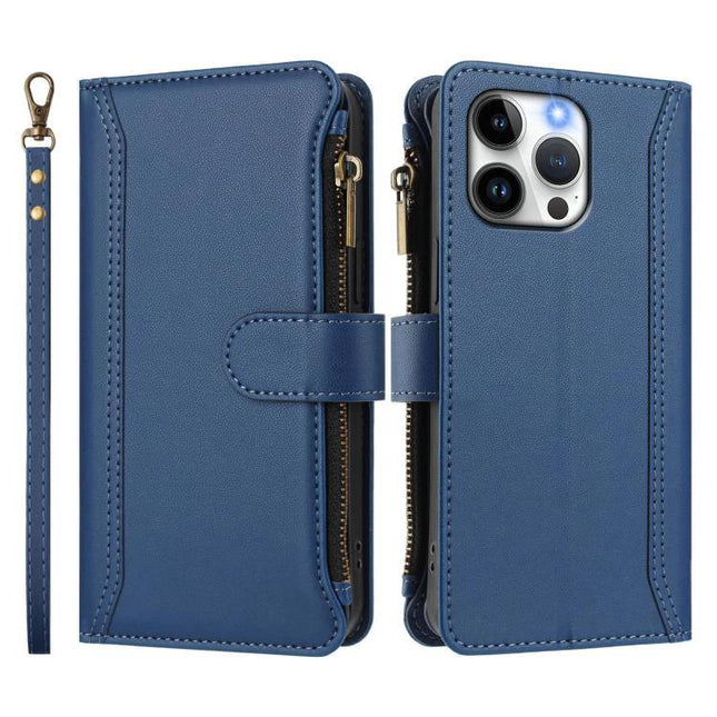 Leather iPhone Case With Card Slots For Daily Essentials On The Go A Practical Everyday Carry Accessory - blue zip wallet, nine card slots, detachable wrist strap