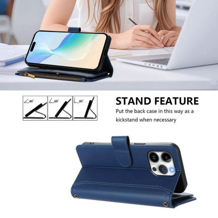 Leather iPhone Case With Card Slots For Daily Essentials On The Go A Practical Everyday Carry Accessory - navy wallet case with stand, zipper pocket and wrist strap