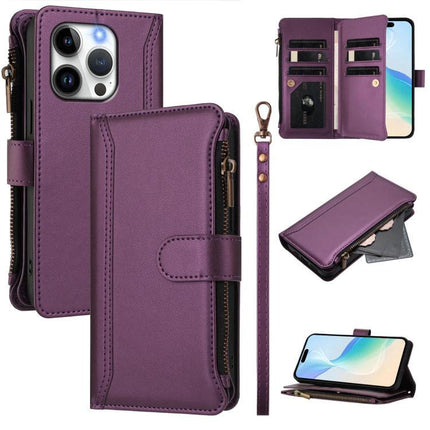 Leather Card and Phone Organizer Case for Everyday Commutes and Errands With Easy Access - purple PU wallet case with 9 card slots, zip pocket, wrist strap