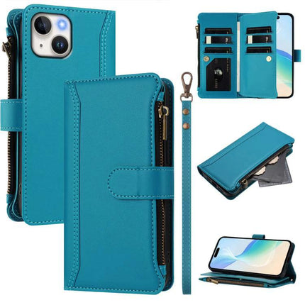 Leather Card and Phone Organizer Case for Everyday Commutes and Errands With Easy Access teal zip wallet phone case with 9 card slots and wrist strap