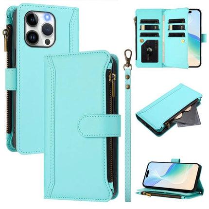 Leather iPhone Case With Card Slots For Daily Essentials On The Go A Practical Everyday Carry Accessory - teal wallet case with 9 card slots, cash pocket, zipper and wrist strap